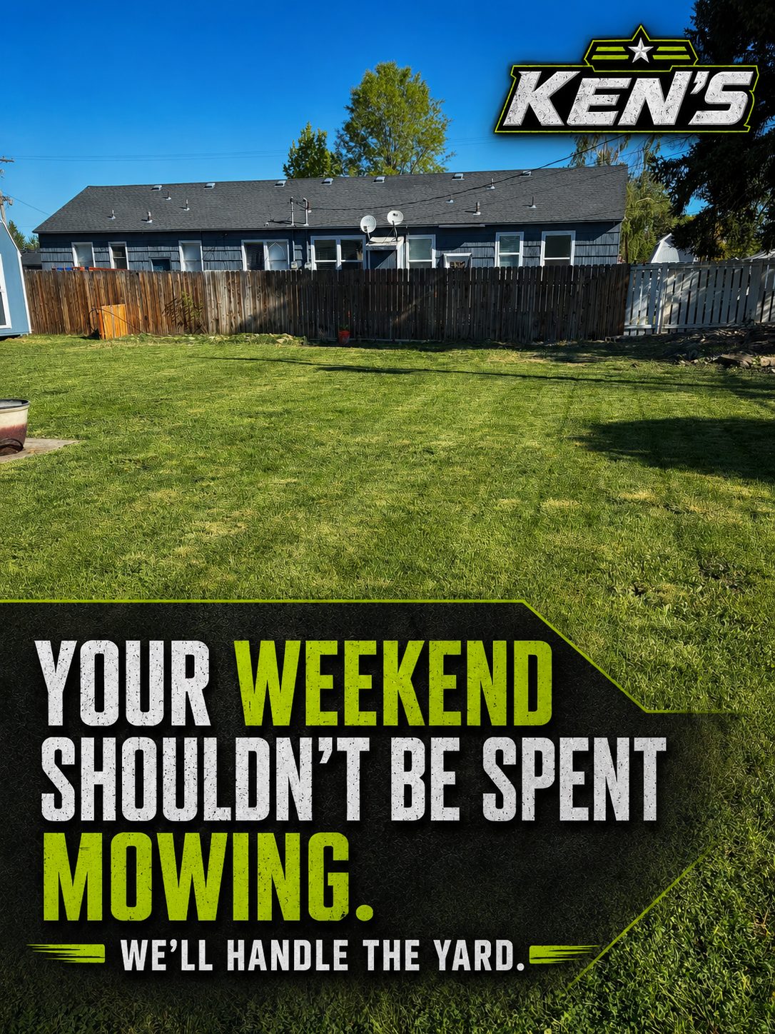 Freshly striped backyard lawn - your weekend shouldn't be spent mowing
